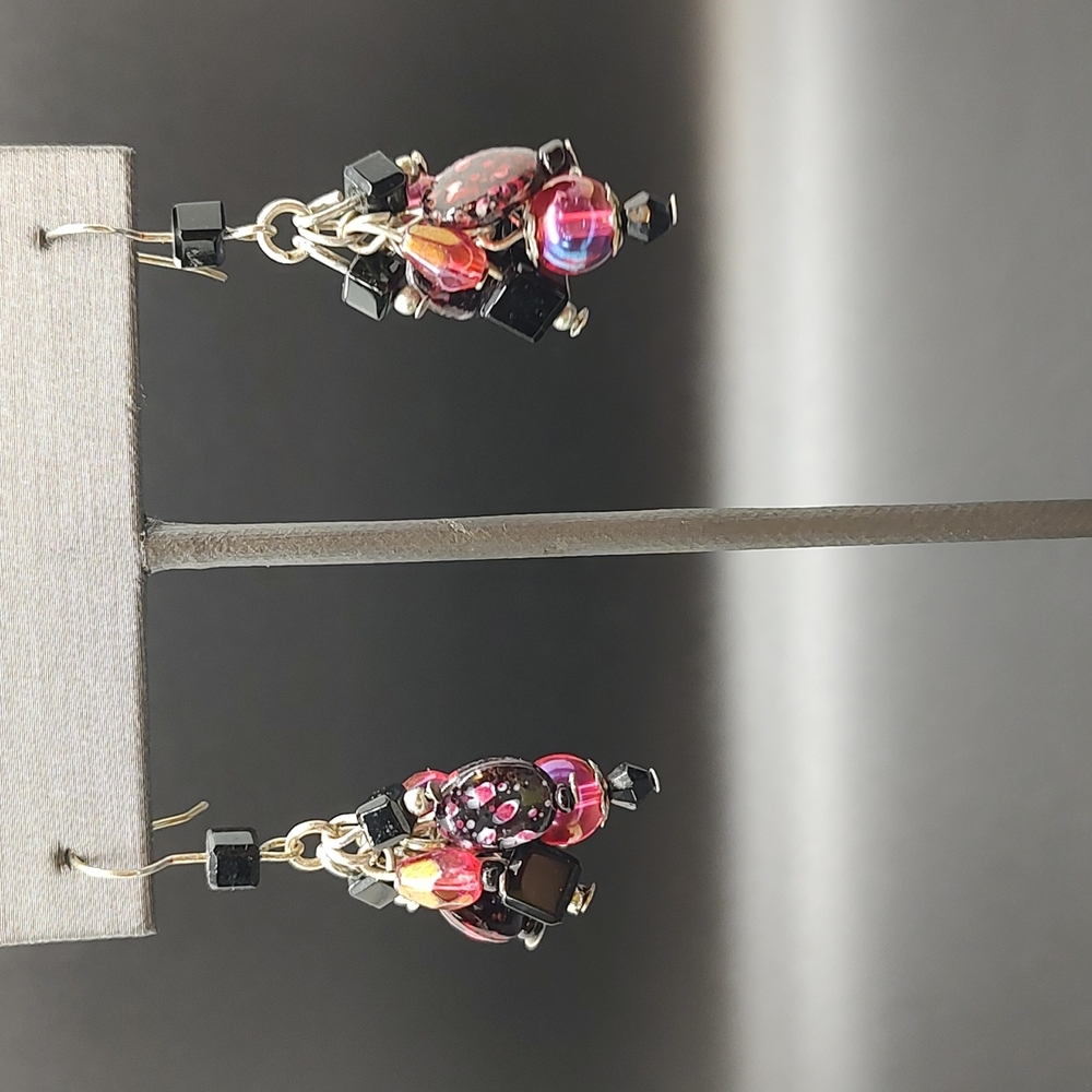 Black and Pink glass bead dangle earrings